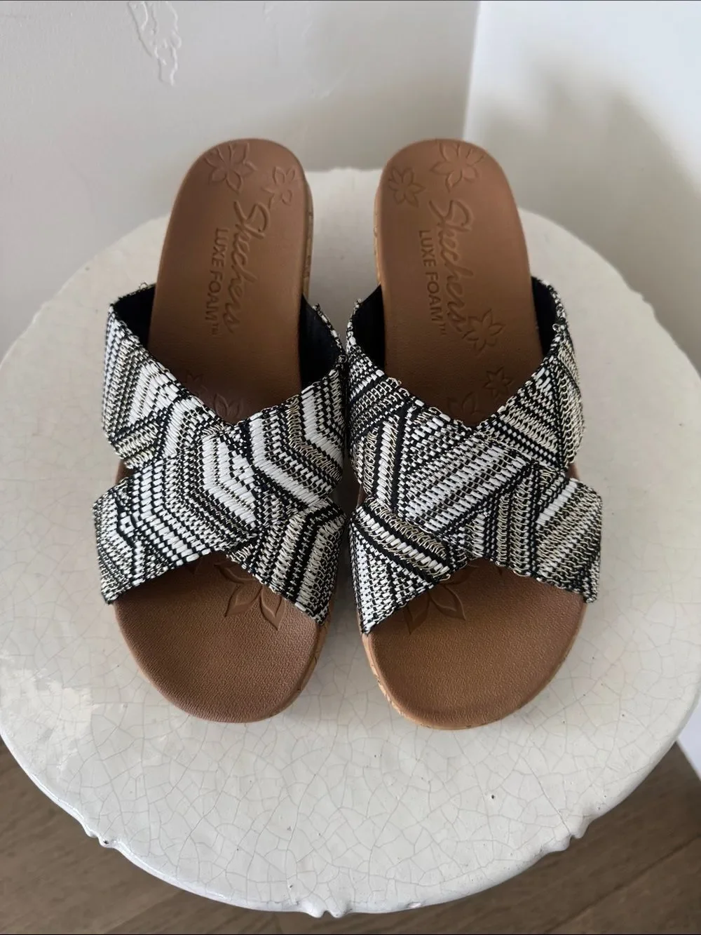 Skechers Black & White Textile Woven Cork Wedge Slides Slip-On Shoes Size 7.5